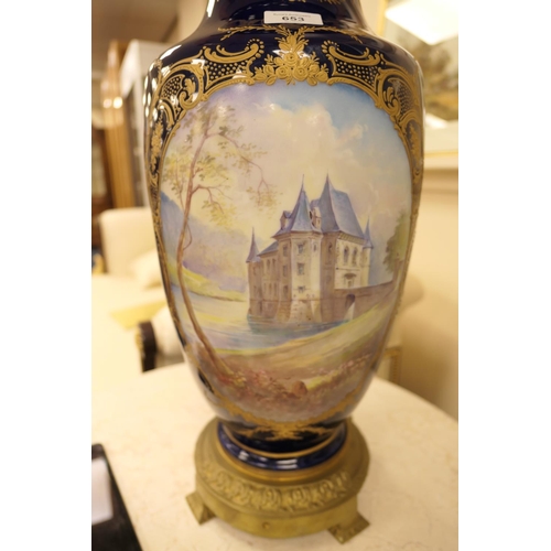 653 - Sevres style hand decorated porcelain vase lamp, with brass mounts and decorated with gilded panels ... 