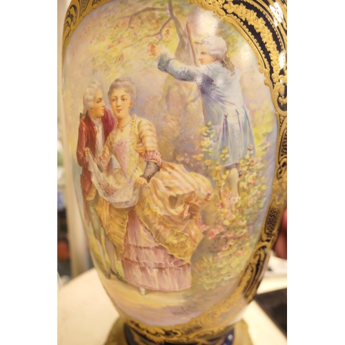 653 - Sevres style hand decorated porcelain vase lamp, with brass mounts and decorated with gilded panels ... 