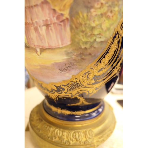 653 - Sevres style hand decorated porcelain vase lamp, with brass mounts and decorated with gilded panels ... 