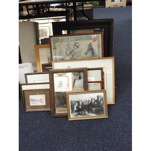 103 - Assorted framed and unframed prints and mirrors, and a picture frame