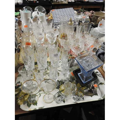 109 - Mixed glass including Royal Brierley champagne flutes, sundae glasses, pedestal etched lemonade glas... 
