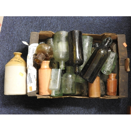 111 - Mixed vintage bottles and stoneware including named bottles and stone glazed jars, also a Broadbent ... 