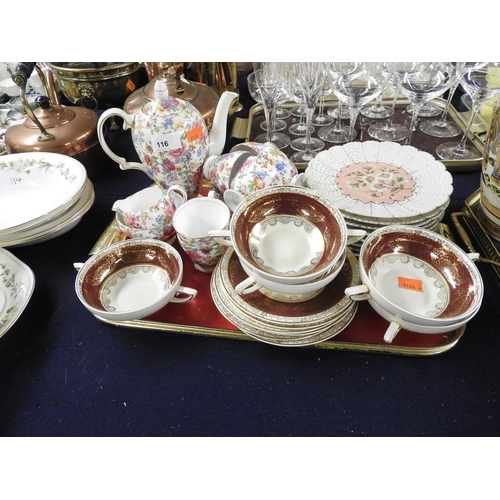 116 - Grosvenor chintz coffee service, Austrian floral dessert plates, red and gilt printed soup bowls and... 