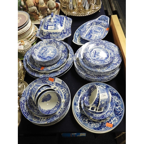 124 - Spode Italian pattern blue and white dinner wares and three Wedgwood Blue Landscape pattern plates