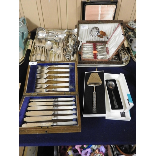 64 - Assorted silver plated cutlery including cased mother of pearl handled fish eaters, other cased loos... 