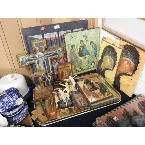 75 - Various Christian devotional items including icons, crucifixes, rosary beads etc