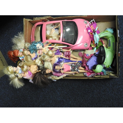 82 - Assortment of Barbie and Disney dolls and accessories including car and moped (1 box)