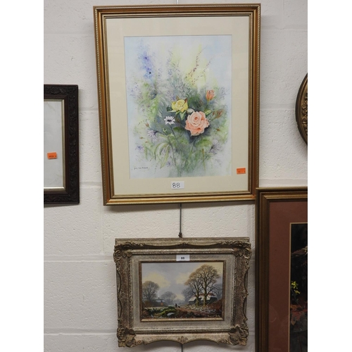 88 - Vincent Selby, Hunters return, a winter scene, oil on canvas, framed, also an unsigned still life wa... 