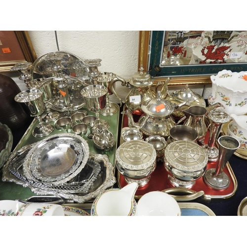 91 - Modern silver plated ware including teapot, candelabrum, serving trays, goblets etc (2 trays)