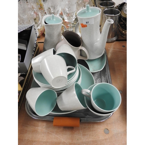 97 - Poole grey and green glazed coffee wares, also a similar brown glazed milk jug (1 tray)