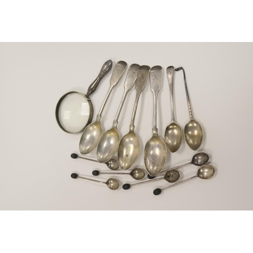 337 - Silver Fiddle pattern tablespoon, three dessert spoons, all Sheffield 1900, weight approx. 190g; als... 