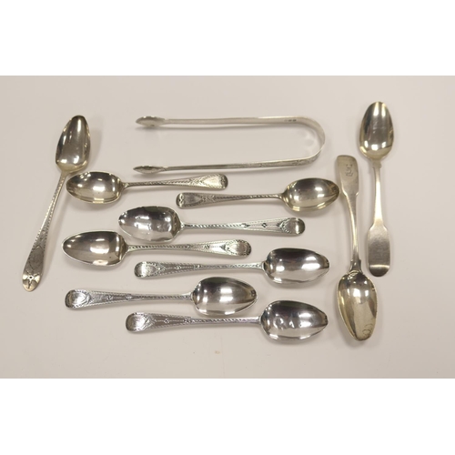 340 - Five George III silver bright cut teaspoons, London 1785, pair of George III silver bright cut sugar... 