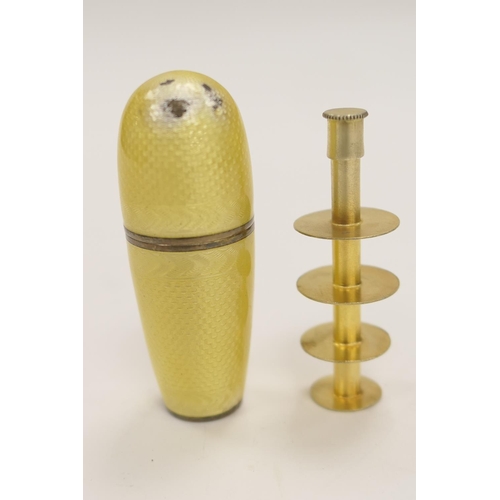 345 - Yellow guilloche enamelled sterling silver thread and needle case, marked 925, 65mm