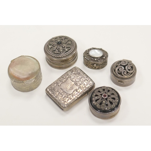 353 - Silver vesta case (marks indistinct), four sterling silver and stone mounted pill boxes and a decora... 