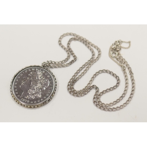 354 - USA Liberty dollar, 1878, mounted within a silver pendant necklace