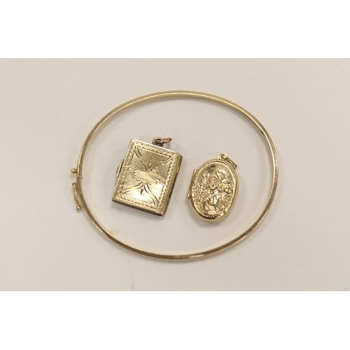 380 - 9ct gold St. Christopher pendant locket, an unmarked yellow metal book form picture locket and an un... 