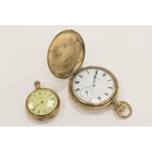 382 - Elgin gold plated crown wind Hunter pocket watch, 48mm diameter; also a Waltham lady's gold plated p... 