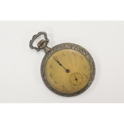 383 - Decorative white metal cased crown wind open face pocket watch, 50mm diameter