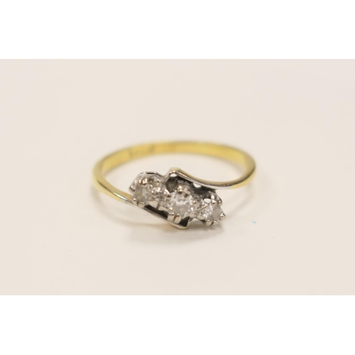 398 - Diamond three stone ring, old round cut diamonds totalling approx. 0.5ct, in white metal claw mounts... 