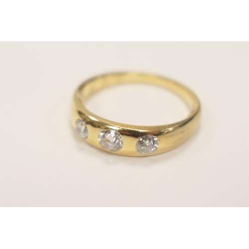 401 - Diamond three stone gypsy style ring, the old round cut stones totalling approx. 0.5ct, well matched... 