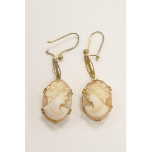 403 - Pair of 9ct gold mounted cameo pendant earrings, circa 1954