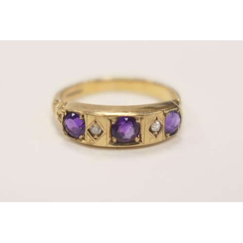 405 - 9ct gold diamond and amethyst five stone ring, ring size N, gross weight approx. 3g