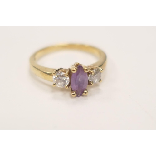 430 - Amethyst and CZ three stone dress ring in 9ct gold, ring size P, gross weight approx. 3.6g