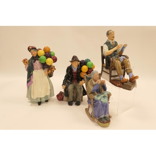 157 - Four Royal Doulton figures including 'Biddy Penny Farthing', 'The Balloon Man', 'The Bachelor' and '... 
