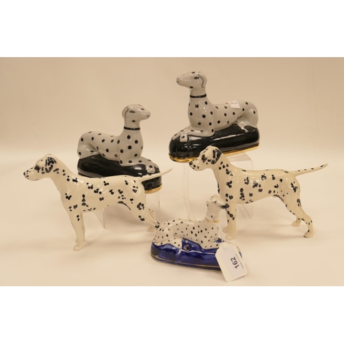 162 - Two Beswick Dalmatian dogs and three Staffordshire style pottery Dalmatians (5)