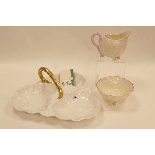 170 - Belleek porcelain shell form milk jug, similar sugar bowl and a Shelley hors d'oeuvres dish (3)