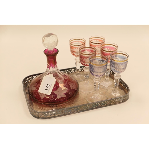 176 - Engraved ruby flash miniature ship's decanter, six engraved ruby flash liqueur glasses and a silver ... 