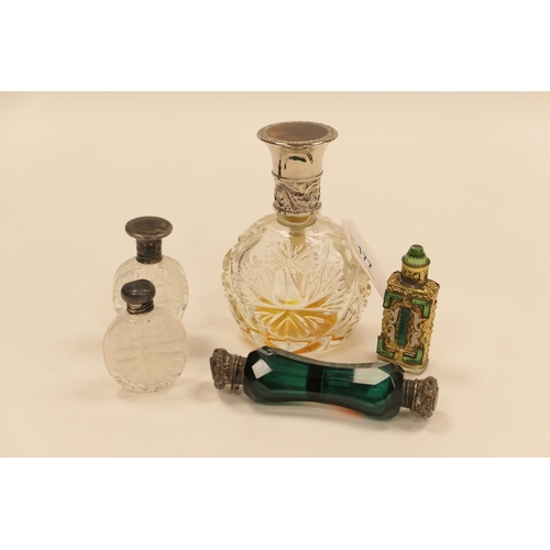 177 - Victorian green glass double ended scent bottle (damaged silver caps), two further silver capped sce... 