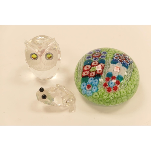 178 - Modern millefiori glass paperweight, Swarovski crystal owl and frog (3)