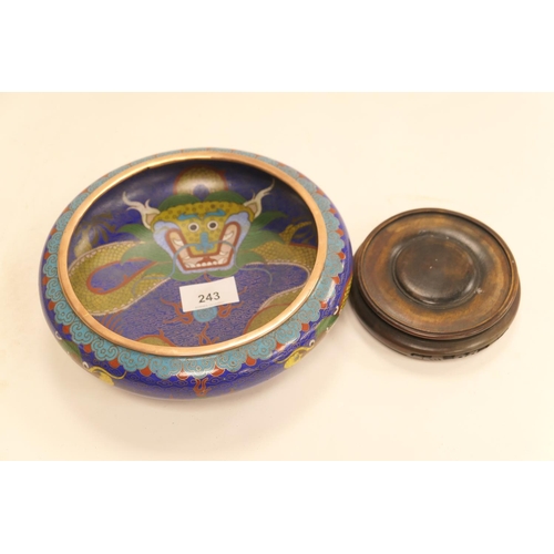 243 - Modern Chinese cloisonne shallow bowl on an associated wooden stand