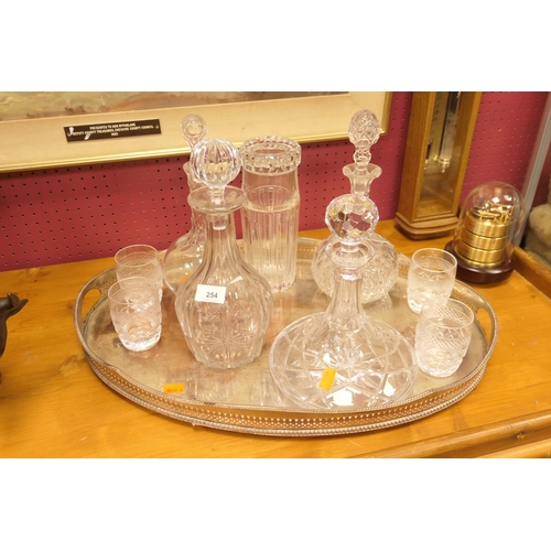 254 - Tiffany Artemis Odyssey cut glass carafe and beaker, three Victorian cut glass decanters, cut glass ... 