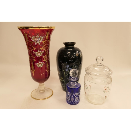 257 - Victorian enamelled black glass vase; also a blue overlay cut glass scent bottle, enamelled clear gl... 