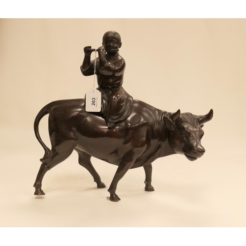 263 - Chinese bronze incense burner modelled as a boy riding a bull (af), height 34cm