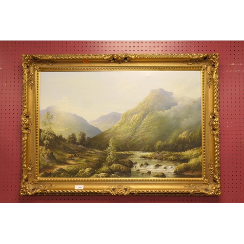 265 - Modern gilt framed oil painting of a mountainous landscape, signed 'Gilly', dated 1985, size 66cm x ... 