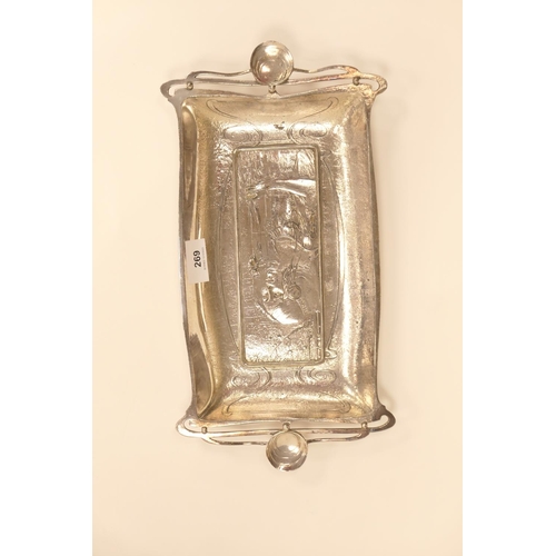 269 - Art Nouveau silver plated pewter tray, rectangular form, worked in low relief with a girl holding a ... 