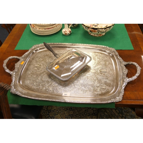 327 - Large silver plated twin handled serving tray with engraved decoration, 83cm x 50cm; also a George V... 