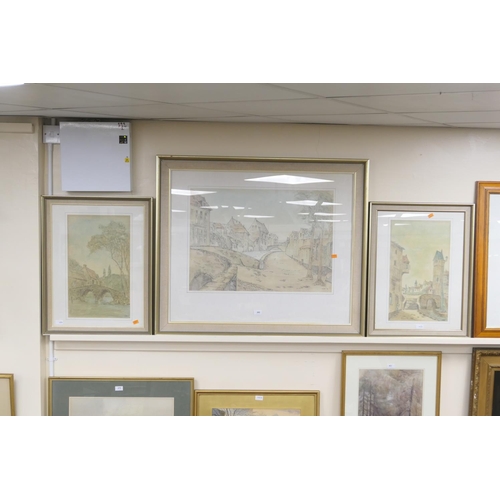 480 - A. Turner (contemporary), three continental street studies, watercolour wash over pen and ink, signe... 