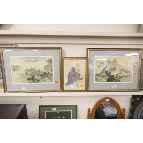 507 - Pair of Japanese landscape watercolour paintings; also a framed gilded print 'The Nightingale' (3)