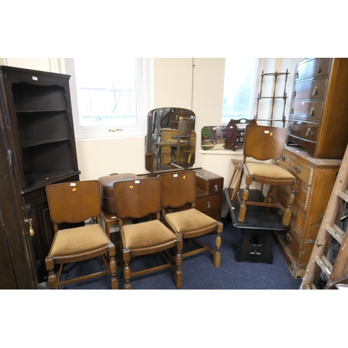 515 - Victorian ash chest of drawers, oak bow front chest of drawers and matching dressing table, decorati... 