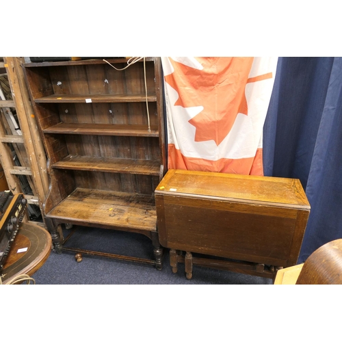 519 - Old wooden waterfall bookcase and an oak dropleaf table (2)