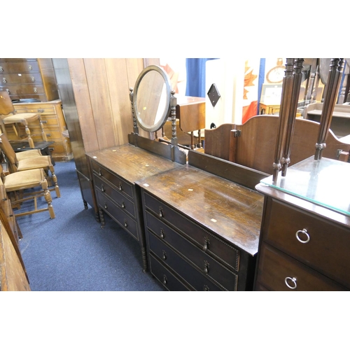 523 - Jacobean Revival oak bedroom suite comprising mirrored wardrobe, dressing chest and chest of drawers