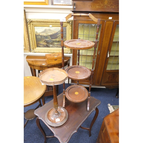 535 - Edwardian mahogany and inlaid folding three tier cake stand; also a mahogany and copper topped pedes... 