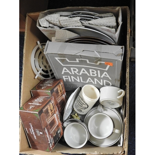 107 - Arabia Finland tea and dinner wares, boxed and unboxed, whisky tumblers etc