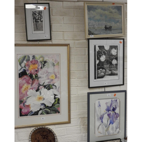 14 - Ann Feider, two watercolour paintings of peonies and iris, Ronald Pickup, oil painting; also two lim... 