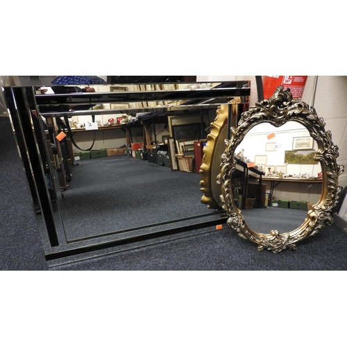 2 - Ornate plaster cast oval gilt framed mirror; also a  modern rectangular bevelled edged wall mirror (... 