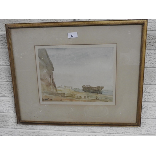22 - Philip Wilson Steer (1860-1942), 'Wreck on the seashore, Dover', watercolour, signed, dated 1929, 23... 